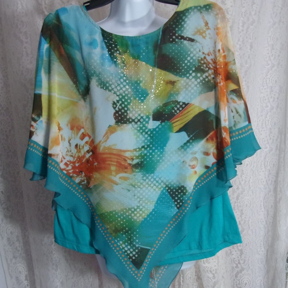 New Direction Jade Print Set Tank Poncho Over Blouse 2 pcs Size L
